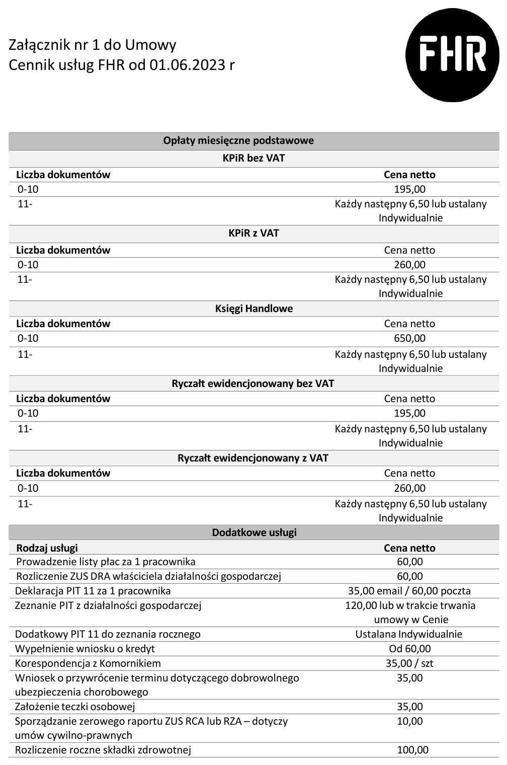 Cennik usług FHR, strona 1: opłaty miesięczne za KPiR, księgi handlowe i ryczałt oraz usługi dodatkowe